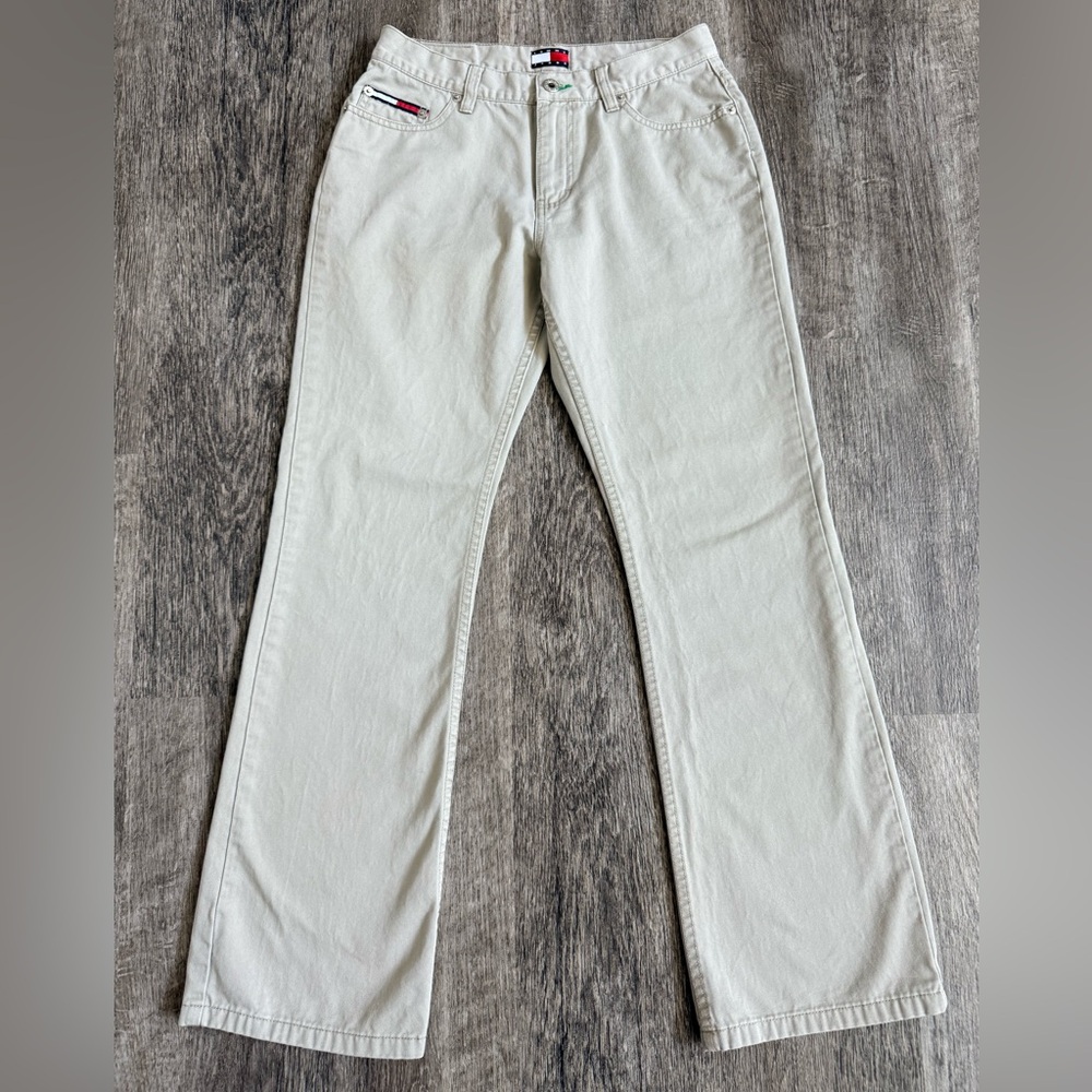 VTG Tommy Hilfiger Women Sz 9 Y2K 2001 Khaki Beige Wash Bootcut Flag Denim Pants
